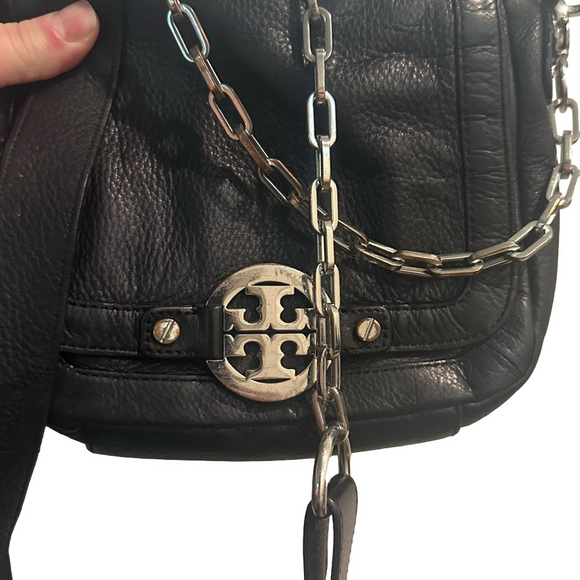 Tory Burch Black Leather Crossbody Purse Adjustable Chain Link Strap, imperfect - Picture 5 of 11